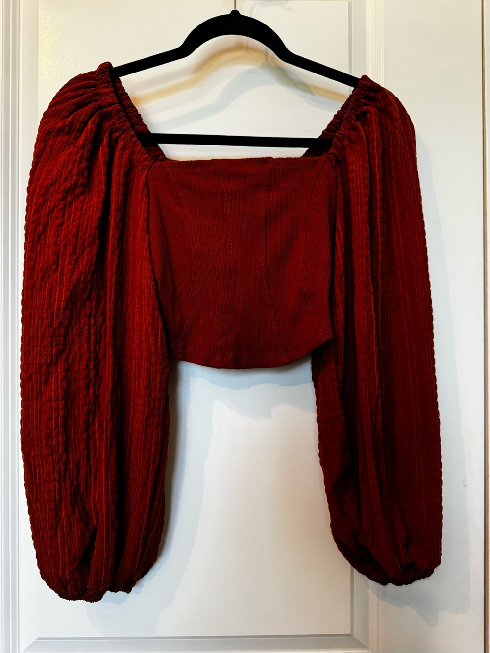 Women’s Rust Square-Neck Peasant Blouse with Balloon Sleeves